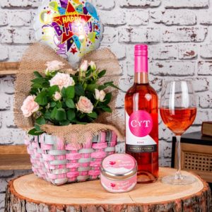 Happy Birthday Basket - Pink Rose Plant - Rose Plants - Birthday Gifts - Birthday Hampers